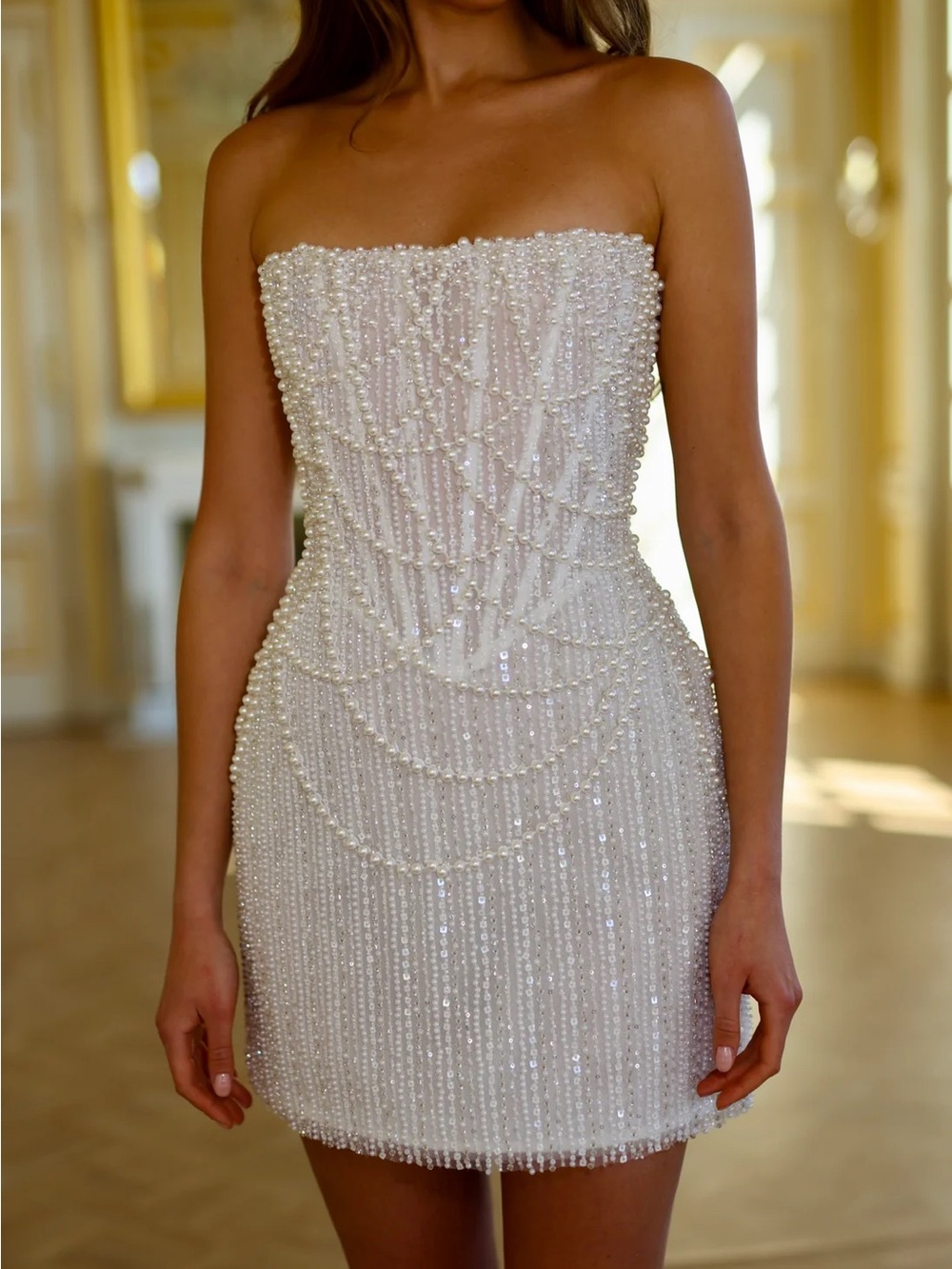 Strapless Pearl-Embellished Mini Dress — White - Picture 3 of 6
